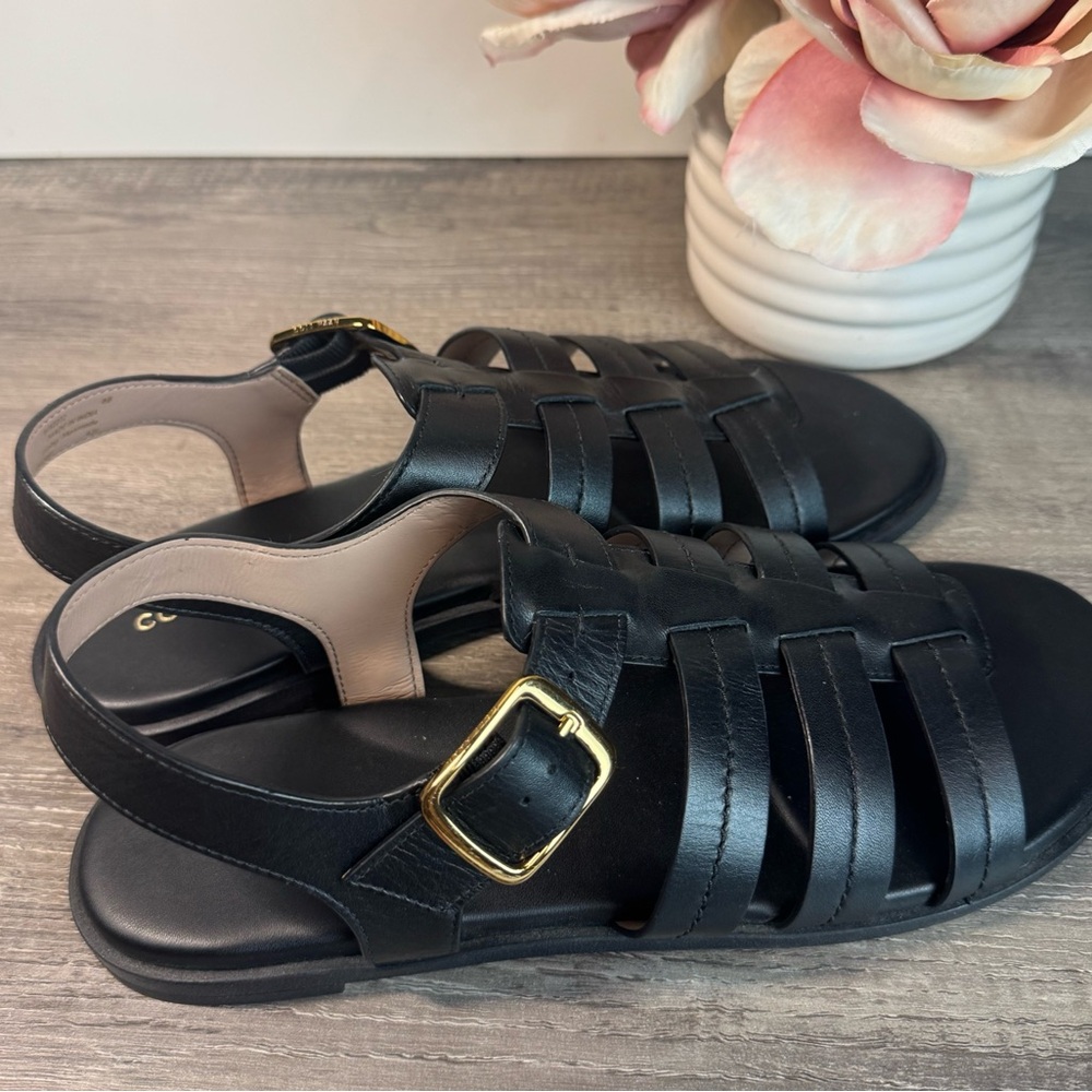 Cole Haan Black Leather Strappy Sandal with Gold Buckle Accent - Picture 6 of 11